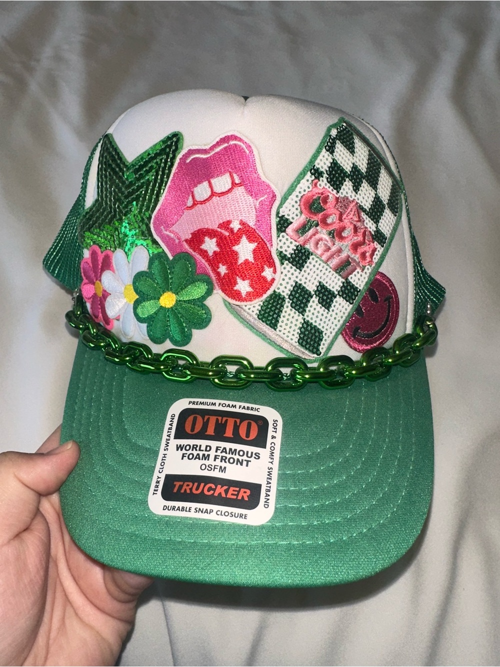 OTTO White and Green Embellished Trucker Hat